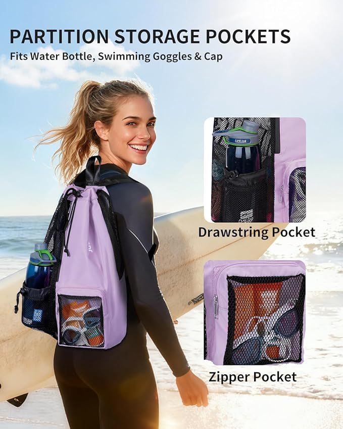 WANDF Swim Bag Mesh Drawstring Backpack with Wet Pocket for Swimming, Gym, and Workout Gear