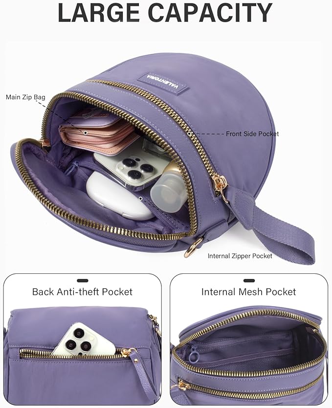 2 in 1 Nylon Crossbody Bags for Women Spacious Bum Bags for Women Crossbody Large Fanny Pack with Removable Wallets Purse Belt Pouch (Cloudy Purple)