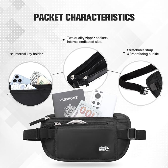 Small Unisex Money Belt For Men and Women, Slim Passport Holder RFID Blocking Travel Essentials Pouch with Adjustable Strap Small Waist Pouch for Workout Running Travelling Hiking