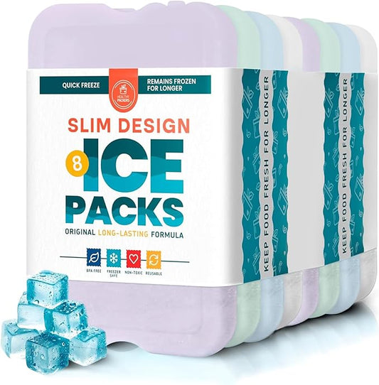 Healthy Packers Reusable Ice Packs for Lunch Boxes - Long Lasting Slim Freezer Packs, Thin Non-Toxic BPA-Free Hard Gel Ice Blocks for Coolers, Kids & Adults Lunch Bags, Travel, Camping, Food Storage