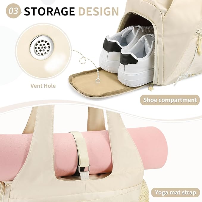 Small Gym Bag for Women, Mini Duffel Bag with Shoe Compartment, Cute Sports Tote Bag Dance Yoga Mat Luggage with Crossbody Water Bottle Bag, Beige