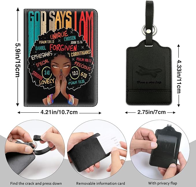 Passport Holder Women Wallet with Luggage Tag, Leather Passport Cover with RFID Blocking, Travel Accessories Multi Card Slot Passport Case for Men，God Says i am an African Girl