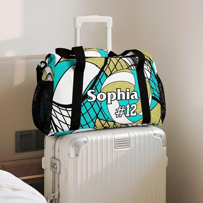 Custom Volleyball Turquoise Gold Duffel Bag with Name Personalized Travel Bags Sport Gym Bag Carry On Weekender Bags for Men Women