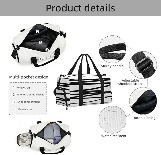 Modern Black White Lines Abstract Women'S Gym Duffle Bag With Shoes Compartment, Ideal For Travel, Gym, Sports, Duffel, Weekender