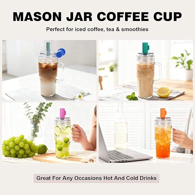 Bamboo Mason Leakproof Mason Jar Cups with Lids and Straws, 24oz Glass Tumbler with Handle, Leak-Proof Rotating Lid & Silicone Straw, Reusable Iced Coffee & Matcha Cup Set Coffee Gifts for Women -2pc