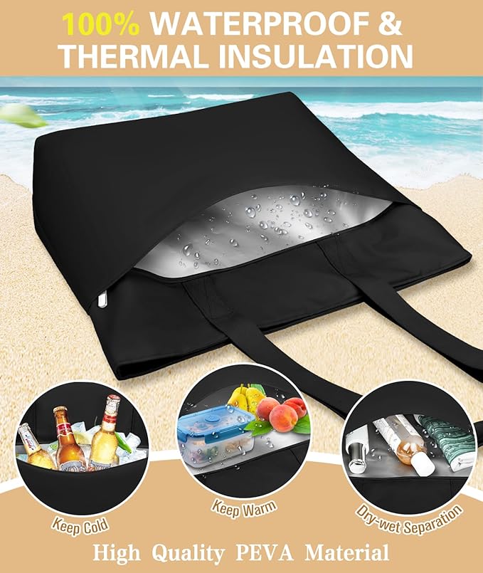 HUANLANG Large Beach Bags for Women Pool Bag with Zipper, Waterproof Sandproof Beach Tote Travel Bag with Wet Pocket | Waterproof, Large capacity, Dry/wet separation, Durable fabric, Cooling function, sandproof