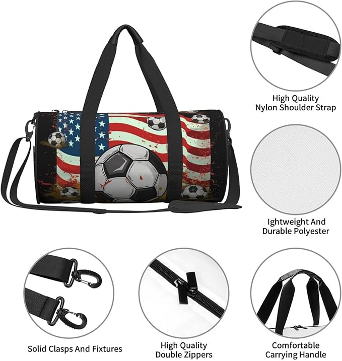Travel Duffel Bag Lightweight Carry On Weekender Overnight Bags Soccer USA American Flag Sports Tote Gym Backpack with Adjustable Strap Hospital Bags Foldable Luggage Bag for Women Men