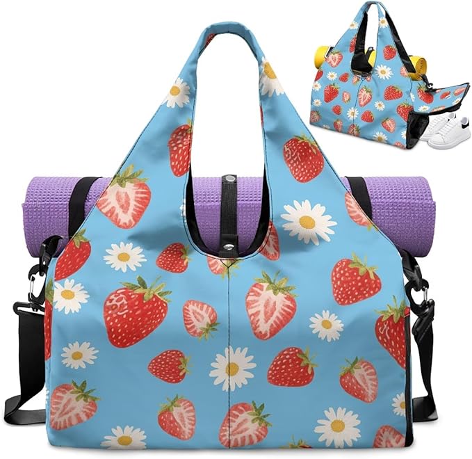 Daisy Duffel Bag for Travel with Shoe Compartment Blue Workout Bag with Yoga Mat Holder for Women, Waterproof Strawberry Print Gym Duffel Adjustable Shoulder Strap