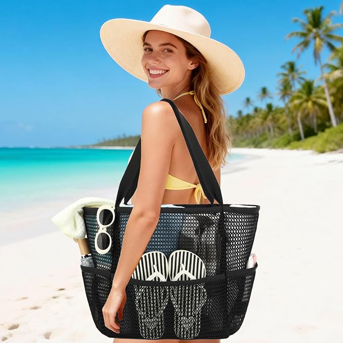 Beach Bag for Women with Outer Pocket, Waterproof Large Tote Bag for Cruise Essentials