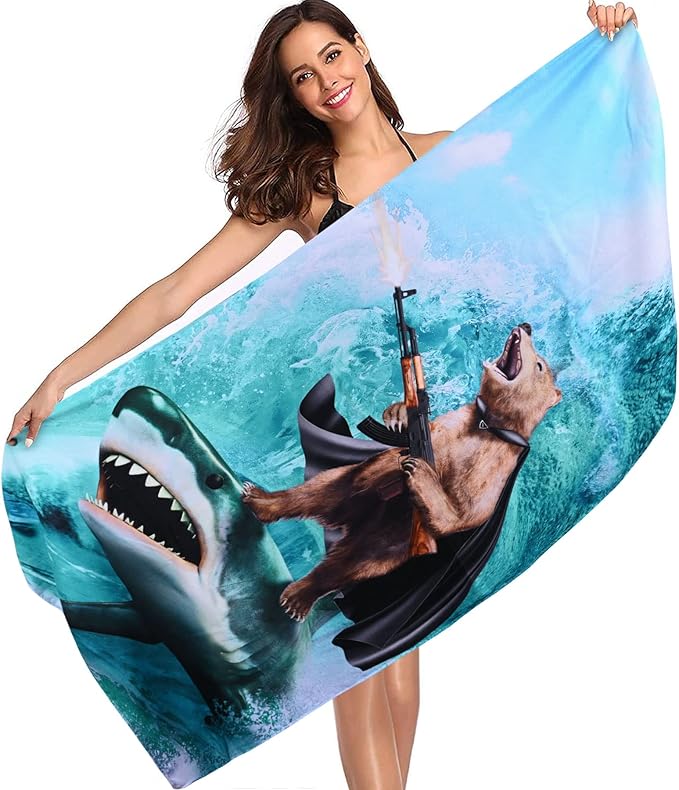 LIVILAN Funny Shark Bear Beach Towel, 30" x 60" Oversized Microfiber, Soft, Quick Dry, Sand Free, Ideal for Bath, Pool, Travel, Unique Shark & Bear Gifts for Men, Boys, Teens