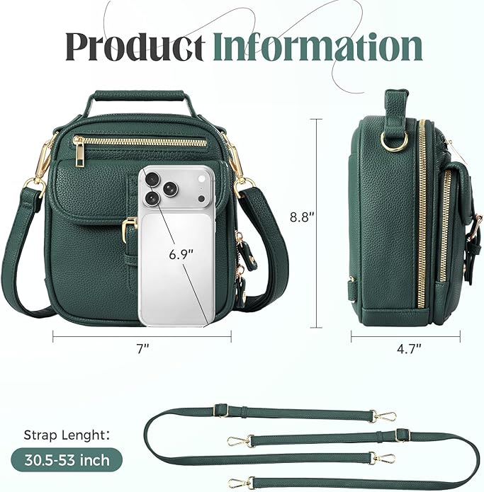 Vegan Leather Crossbody Bag for Women with 2 Straps, Small Messenger Bag with Anti Theft Zipper Pocket Vintage Shoulder Bag