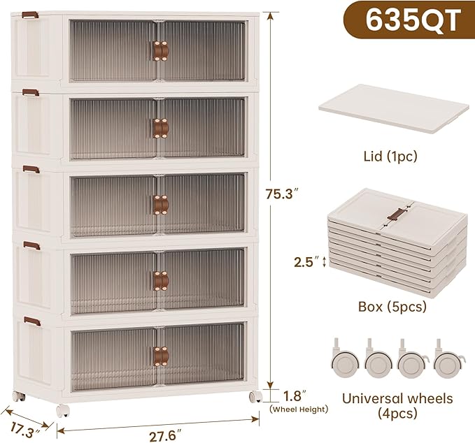 SAILUN 635Qt Extra Large Stackable Storage Bins Folding Collapsible Storage Bins with Lid, Closet Organizers and Storage Box with Door Beige 28" W x 17" D x 75" H