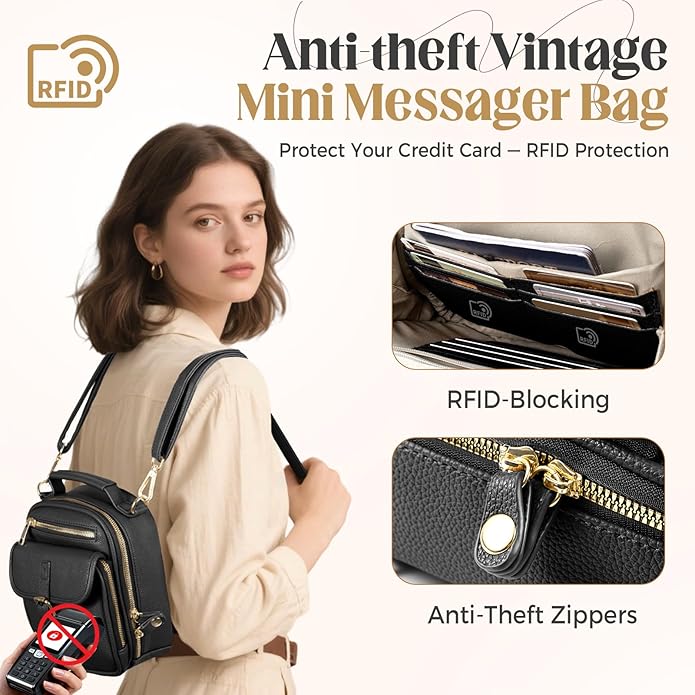Vegan Leather Crossbody Bag for Women with 2 Straps, Small Messenger Bag with Anti Theft Zipper Pocket Vintage Shoulder Bag