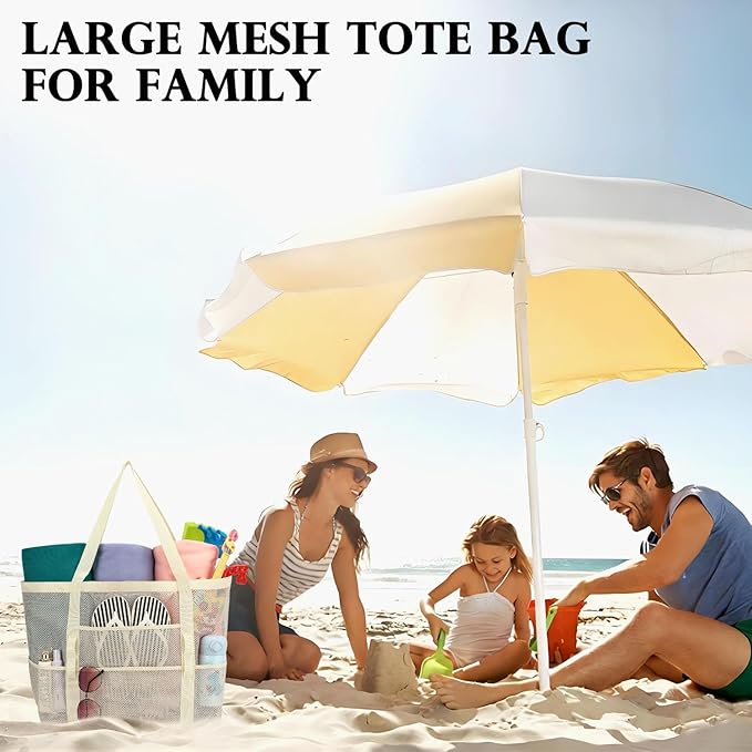 Mesh Beach Bag, Large Beach Tote with Zipper Pocket, Toys Pool Bag for Family Travel Vacation Cruise Essentials