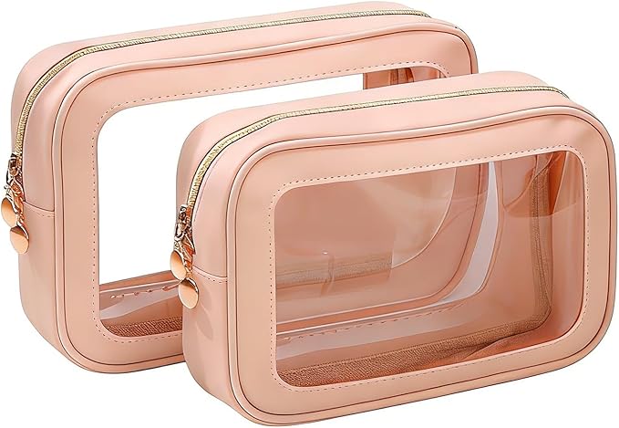 2PCS Diaper Bag Organizer Pouch Set，Clear Organizer Bags,TSA Approved Toiletry Bag,Clear Waterproof Cosmetic Bags with Zipper,Purse Organizer Pouches,Travel Organizer Bags for Woman and Kids,Pink M+L