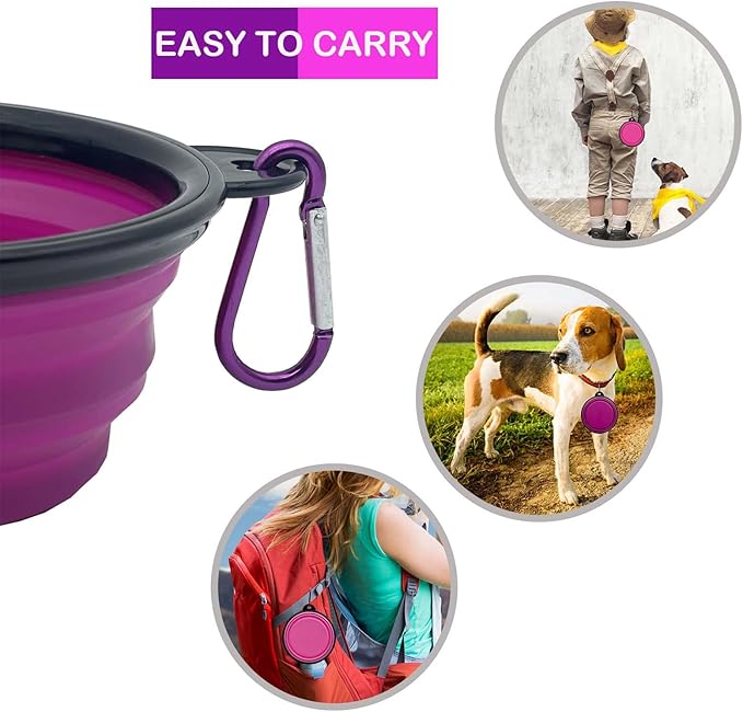 Small Collapsible Dog Bowl 12oz,2 Pack Portable and Foldable Pet Travel Bowls with 2 Carabiners & Lids for Dogs Cats and Small Animals (Purple+Pink, 350ml)