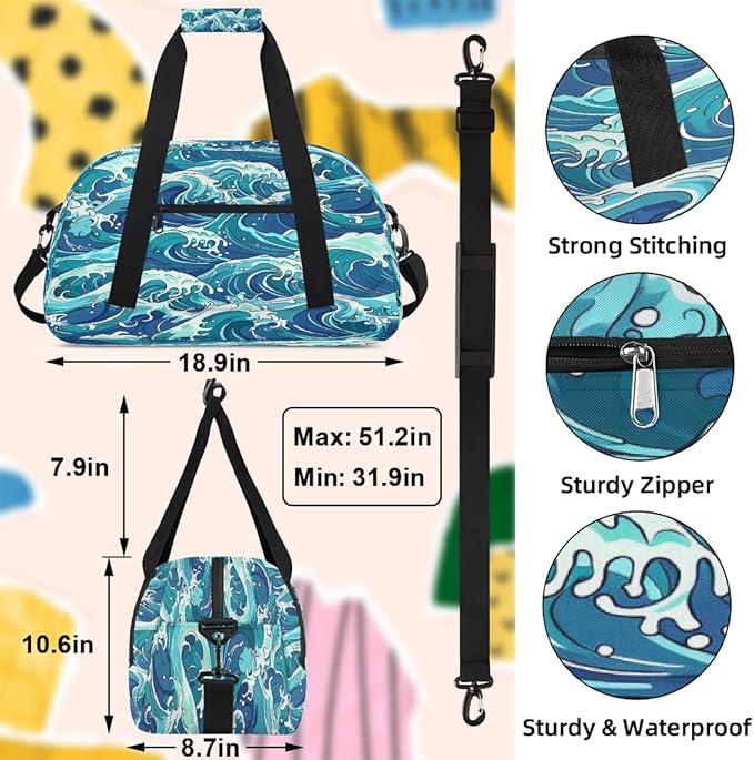 Blue Ocean Wave Pattern Sports Duffel Bags, Water-Resistant Gym Duffle Bag for Men Women, Lightweight Weekender Overnight Bag for Fitness, Workout, Travel