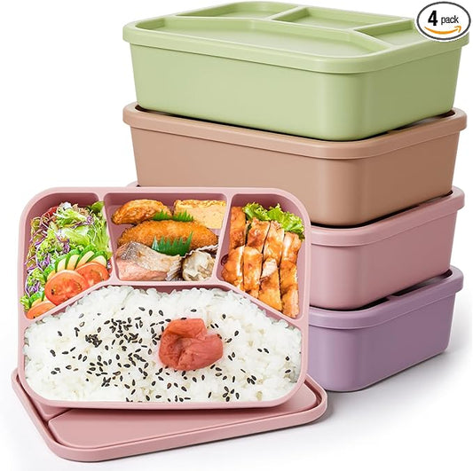 4 Pcs Silicone Bento Box Reusable Lunch Container Smooth Leak Proof Lunch Box Rectangle Bento Boxes for Adult Work Travel Food Meal Compartment Storage, 4 Colors(Pastel Color)