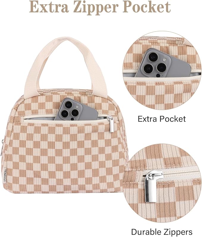 Cute Lunch Box Tote Bag - Corduroy Insulated Cooler Bags for Women - Lightweight Reusable Portable Soft Lunch Pail Kit for Kids Teen Girl Adults Work School Picnic Travel Checkered Brown 8L