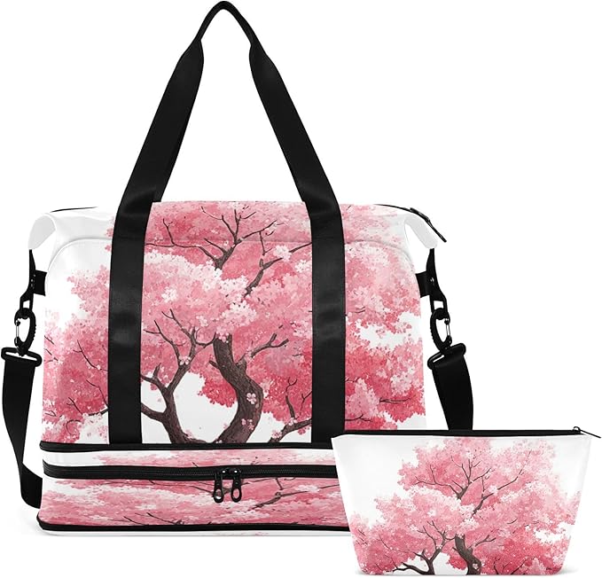 Travel Duffel Bags for Women Vibrant Pink Cherry Blossom Tree Sports Duffel Bags Gym Bags with Shoes Compartment Tote Bag Weekender Bag for Travelling