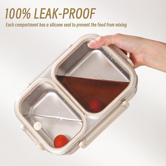 Stainless Steel Lunch Box with 2 Compartments, Leakproof, 30.5 oz Food Storage Containers, Bento Box for Adults,Men,Women(Beige)