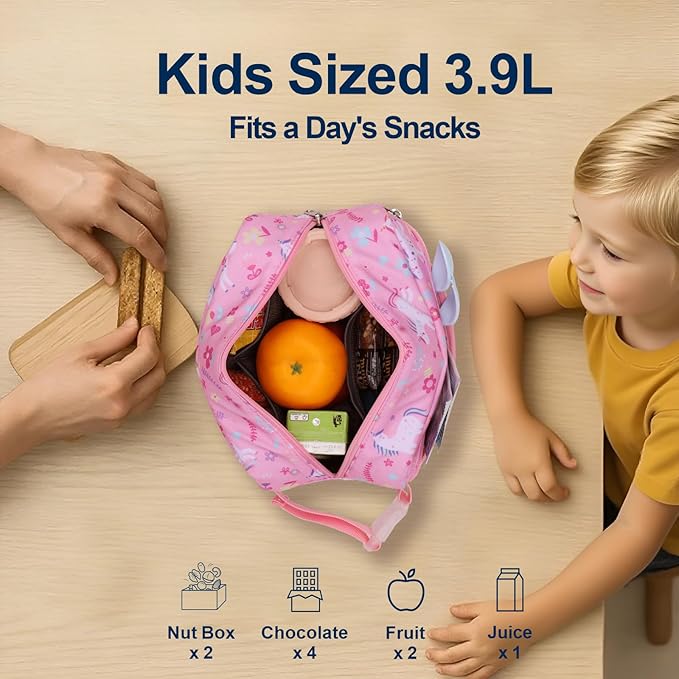 Bagseri Kids Snack Bag Girls - Small Reusable Mini Cooler Pouch, Insulated 3.9L Food Carrier with Buckle Handle for School and Daycare, Fits in Backpack, Glitter Pink Unicorn