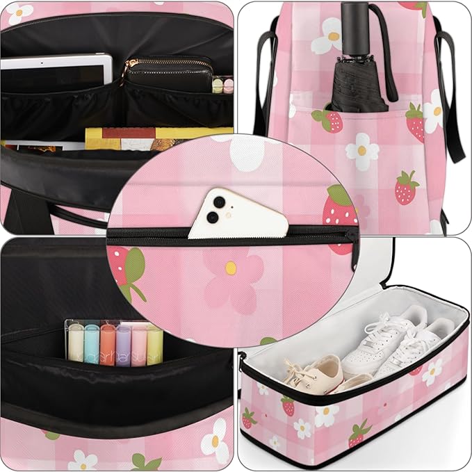 Fruit Strawberry Sports Gym Duffel Bag for Men Women Buffalo Check Floral with Shoe Compartment Weekender Overnight Bags Travel Bag Carry on Backpack for Swim Fitness Workout