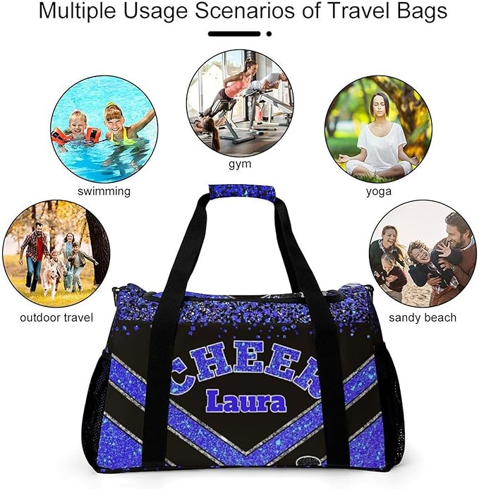 Personalized Cheer Bag Gifts for Girls Sport Cheerleading Gym Travel Duffel Bag Overnight Weekender Bags with Name (Klein Blue)