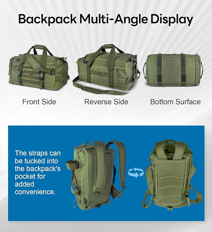 Hannibal Tactical 50L Large Duffle Bag, 3-in-1 Tactical Backpack MOLLE Pack for Sports/Gym/Outdoor, Olive Green