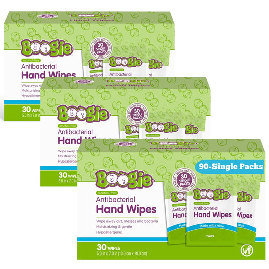 Antibacterial Hand Wipes by Boogie, Alcohol Free, Hypoallergenic and Moisturizing Aloe, Hand Wipes for Kids and Adults, Single Packs, 30 Wipes (Pack of 3)