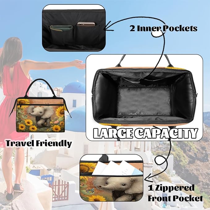Cute Sunflower Elephant Butterfly Overnight Weekender Bags for Women Men, Waterproof Travel Carry On Duffel Bag, Lightweight Sports Gym Bag for Fitness, Workout, Travel