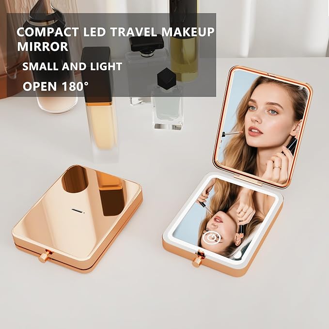 Rose Gold Rechargeable LED Pocket Mirror, 3 Color Dimmable Light 1x/3x Magnifying Compact Travel Makeup Mirror, Portable Folding Handheld Lighted Purse Mirror for Women Christmas Stocking Stuffer Gift