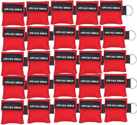 25pcs CPR Face Shield Mask Keychain Keying CPR Face Shields Pocket Mask for First Aid or CPR Training (Red-25)