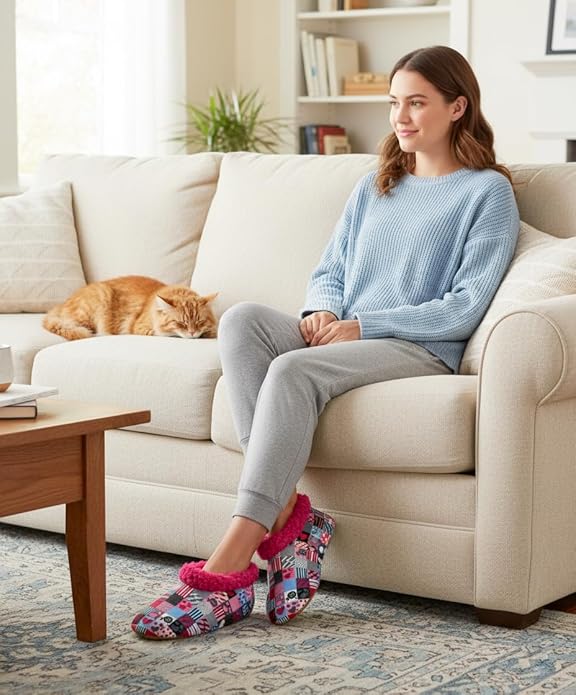 Soft Fuzzy Slippers for Women Indoor, Warm Furry House Sock Shoes Fluffy Lined, Bedroom Booties Non-Slip Gripper Soles, Winter Cozy Christmas Gifts