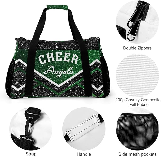 Personalized Green Cheerleader Black Sequin Print Duffle Bag with Name for Women Man Custom Multifunctional Travel Perform Training Bag Luggage Bag