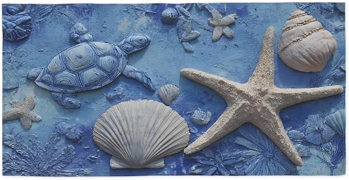 Turtle Starfish Seashell Blue Beach Towel, Large Microfiber Quick Dry Lightweight Pool Bath Towels Sand Free Beach Blanket for Summer Cruise Yoga Camping Travel Vacation Essentials 31 x 61 in