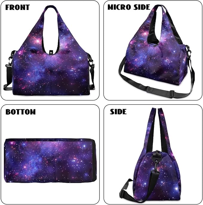Galaxy Starry Sky Gym Bag for Women Duffle with Shoe Compartment & Yoga Mat Strap Overnight Weekender Personal Item Travel Bag Carry On Luggage for Plane Short Trips