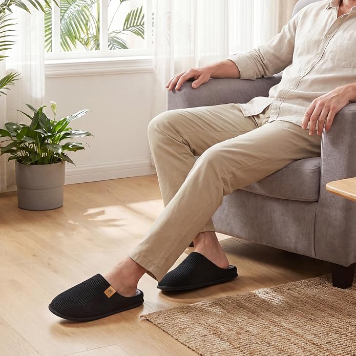 VeraCosy Men's Cozy Slip-on Slippers Corduroy Memory Foam Indoor House Shoes