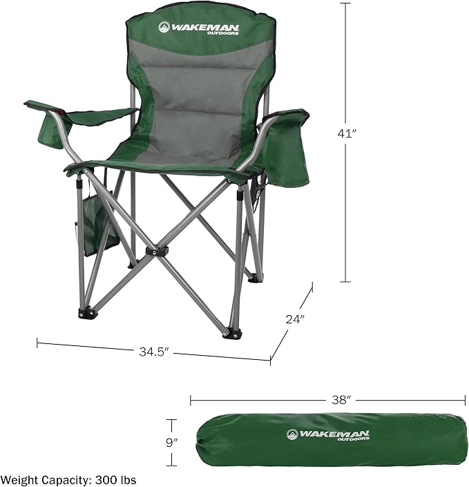 Oversized Camping Chair 300lbs - Heavy Duty Folding Chair with Cooler Pouch and Carry Bag for Camp Sites, Tailgates, or Beach by Wakeman (Green)