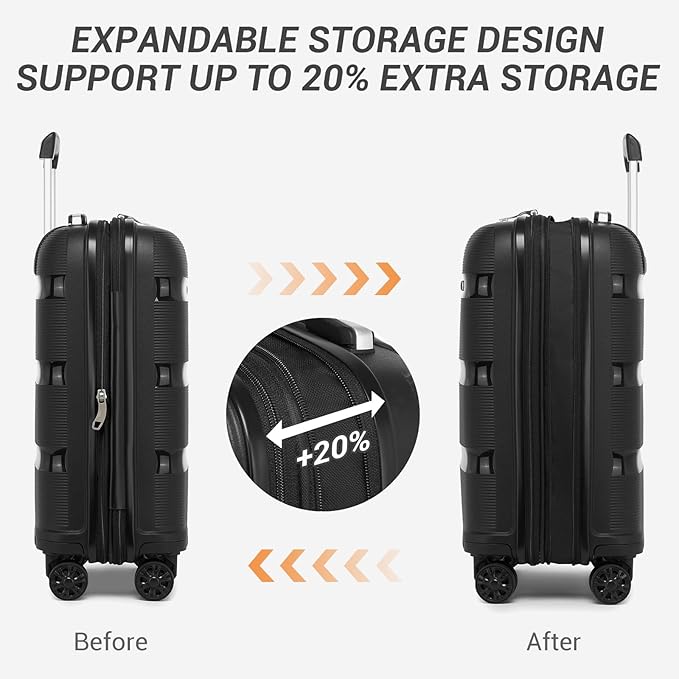 Kono Luggage Sets 3 Piece Hard Shell Travel Trolley 4 Spinner Wheels Lightweight Polypropylene Suitcase with TSA Lock (Black, 20/24/28 Set)