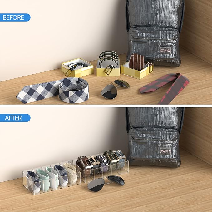Belt Organizer, Acrylic Belt Storage Holder for The Closet and Drawer, 5 Compartments Belt Container Clear Display Case for Tie and Bow Tie