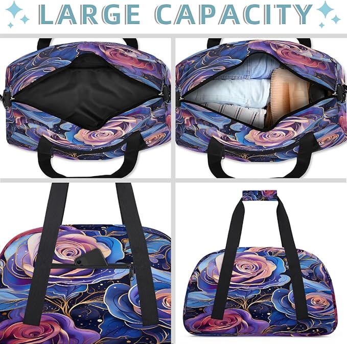Travel Duffle Bag, Purple Roses Waterproof Weekender Overnight Bags for Women Men Lightweight Carry on Duffle Gym Bag for Travel, Sports, Fitness, Workout