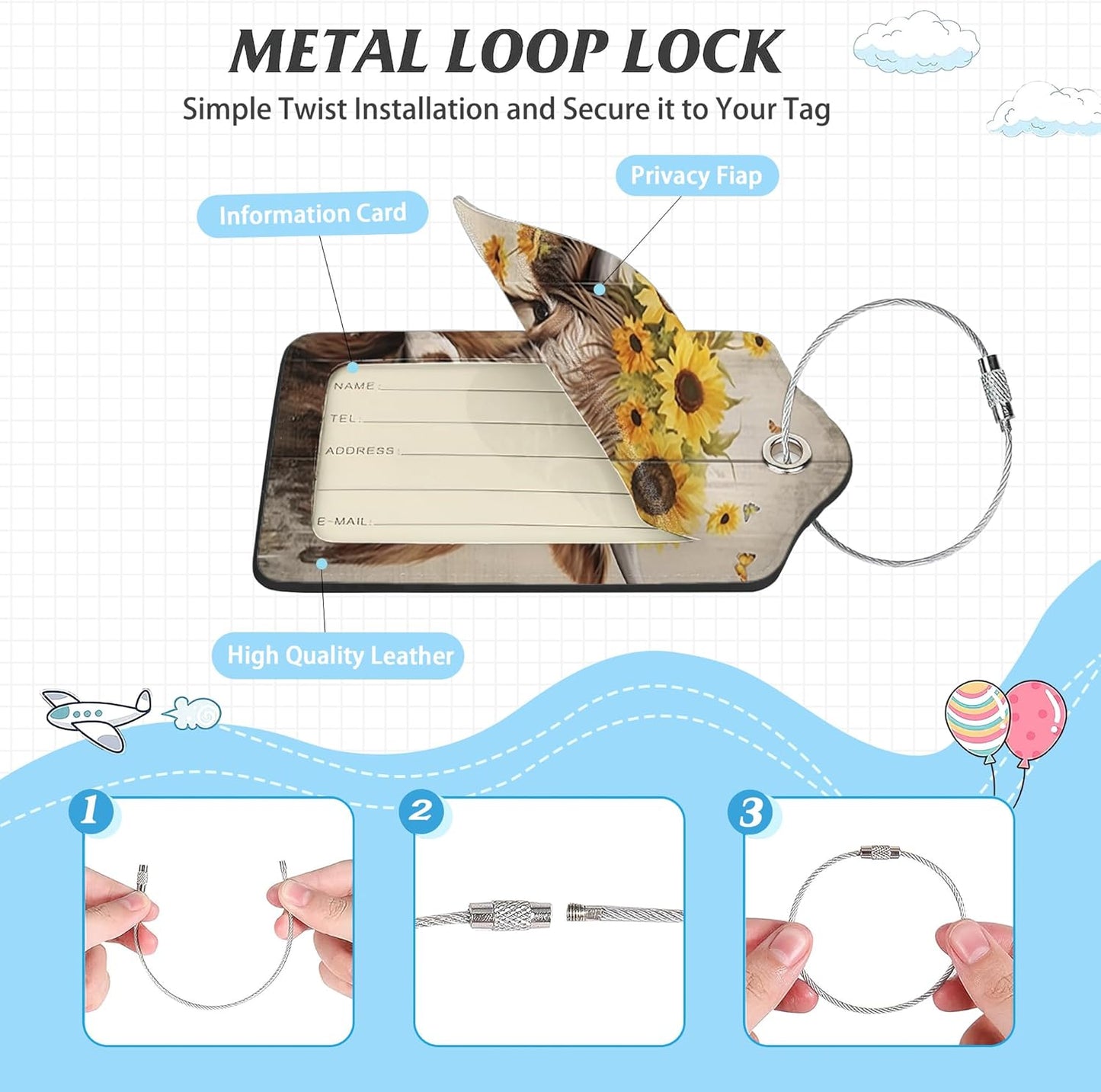 3 Pack Luggage Tag for Suitcase,Highland Cow Leather Luggage Tags with Privacy Cover Name ID Label Identifiers Travel Bag Tags for Women Men Boys Girls