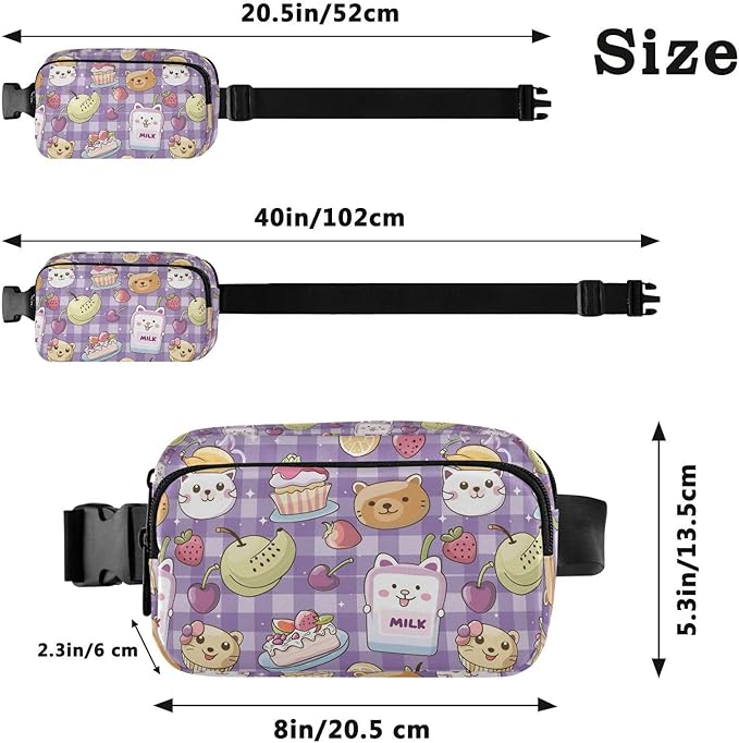 Kawaii Cat Bear Milk Cake Plaid Fanny Pack for Women Men Water Resistant Fashion Waist Packs with Adjustable Strap Belt Bag for Travel Workout Jogging Hiking 21219470