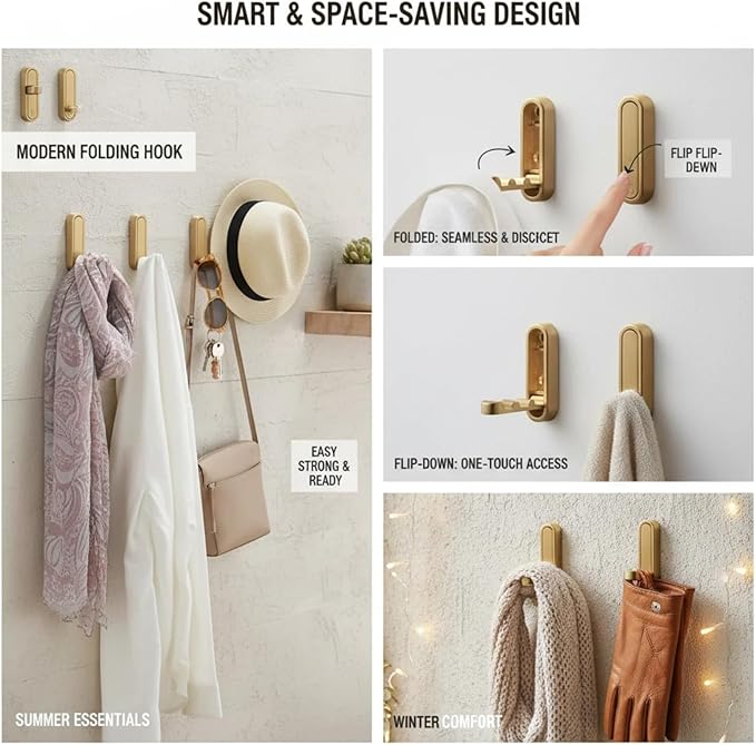 2PC Foldable Wall Hooks - Gold Coat Hooks for Closet, Door & Bathroom | Heavy Duty Folding Hangers for Hanging Coats, Belts, Backpacks, Towels | Space-Saving Wall Hook Set (Gray, 2Pack)