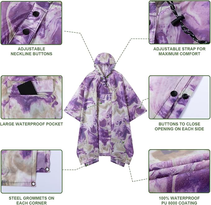 Hooded Rain Poncho for Adults - Waterproof Rain Coat and Lightweight Jacket 3-in-1 Multi-Function with Pockets