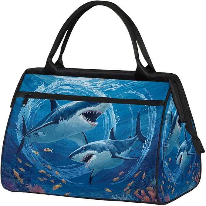 Underwater Shark Travel Duffel Bag, Waterproof Sports Gym Duffle Bag, Large Capacity Weekender Carry On Overnight Bags for Women Men