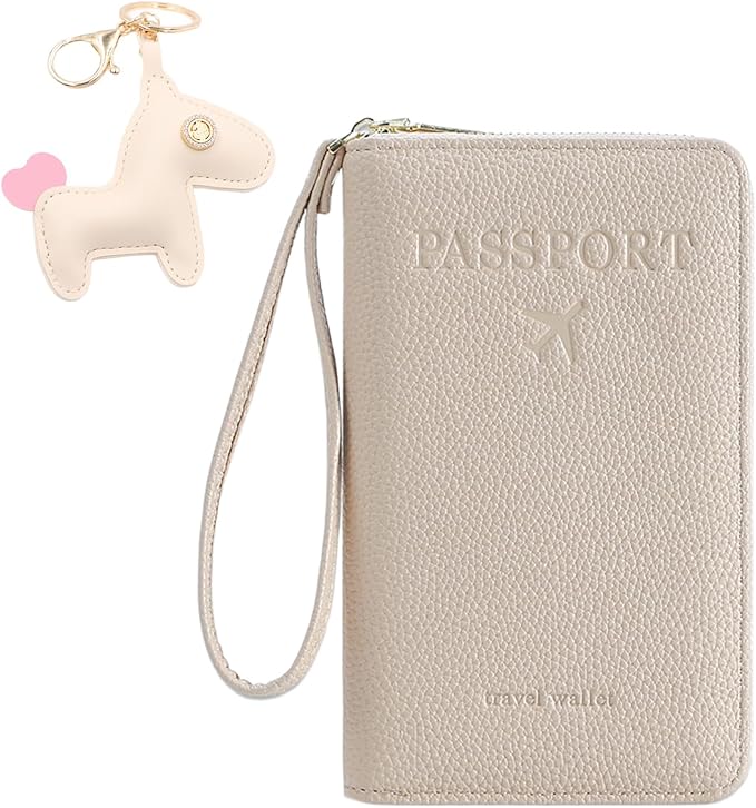 Multi-Functional Passport Holder Cover with Purse Charms,Premium Travel Wallet RFID Blocking Passport Cover Card Case for Holds Phones, Passports, Cash, Cards & Boarding Passes-Beige