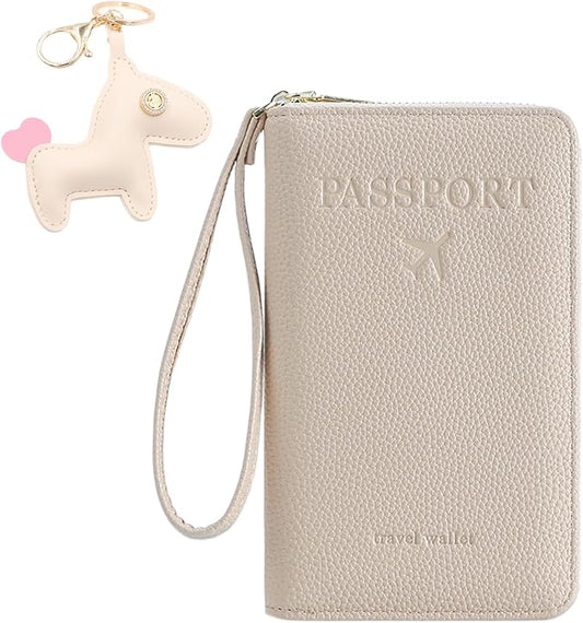 Multi-Functional Passport Holder Cover with Purse Charms,Premium Travel Wallet RFID Blocking Passport Cover Card Case for Holds Phones, Passports, Cash, Cards & Boarding Passes-Beige