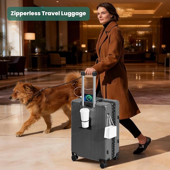 24-Inch Aluminum Frame Checked Luggage, Expandable Hard Shell Spinner Suitcase with Front-Open Pocket, USB Port, Phone Holder & Cup Holder for Men & Women Travel, Grey